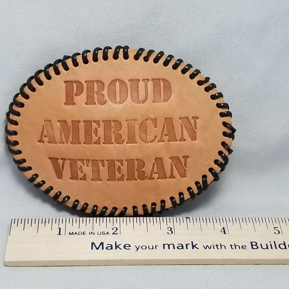 Proud American Veteran Leather Belt Buckle Oval‎ Black Stitch USA Pride